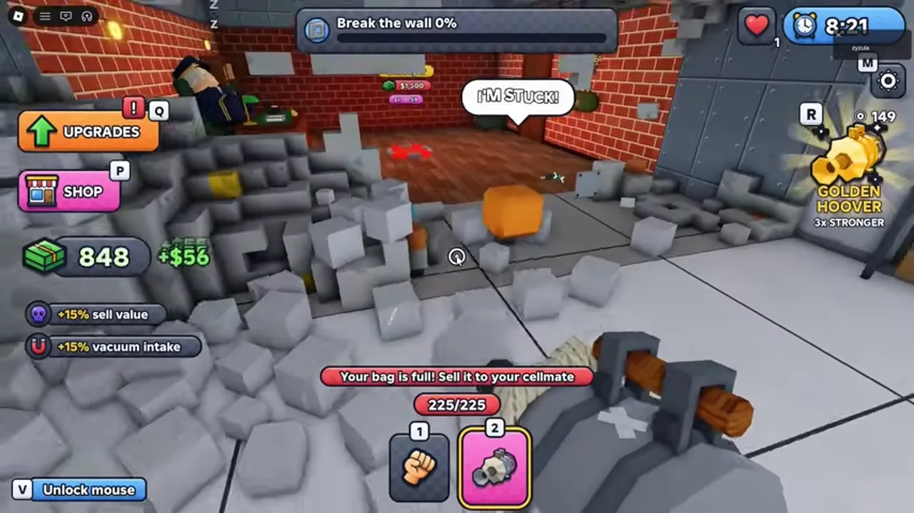 Full bag warning instructing the player to sell to their cellmate